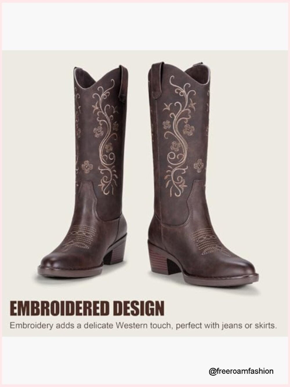 Floral Embroidered Cowboy Boots Mid Calf Pointed Toe Chunky Heel - Picture 4 of 7